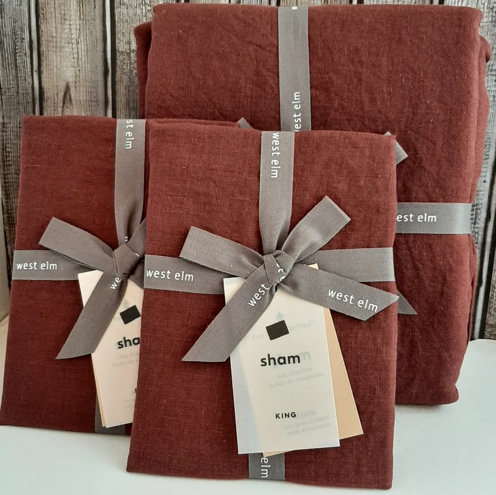 West Elm European Flax Linen King Duvet Cover & 2 King Shams Currant Red